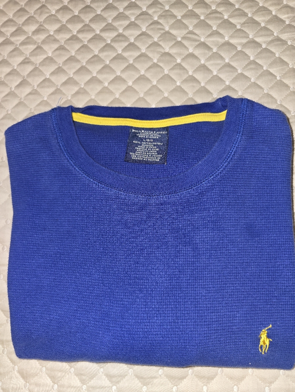 L - Polo by Ralph Lauren Men’s Bright Blue Crewneck Sweater with Yellow Logo.